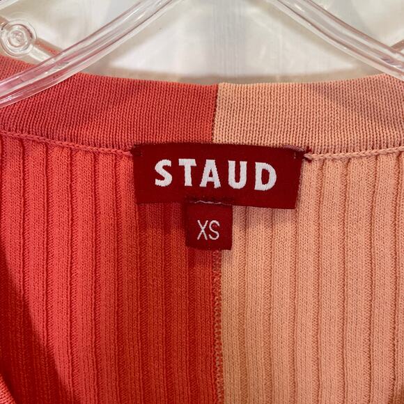 Staud Ribbed Colorblock Two Tone Cardigan Cargo Sweater Fitted Coral Pink XS - Picture 3 of 5